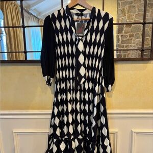 N by Nancy Black & White Diamond-Pattern Long Sleeve Midi Dress